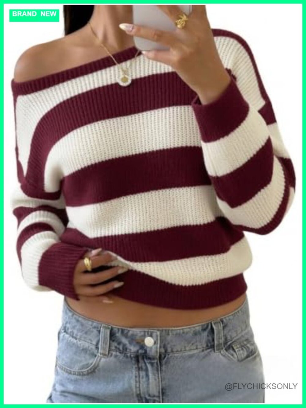 Off The Shoulder Striped Sweater Oversized Y2K Pullover Loose Fit Long Sleeve
